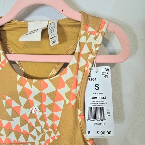 NWT Farm Rio x Adidas Psychedelic Wave Victory Gold Sporty Midi Dress Size Small - Picture 8 of 9